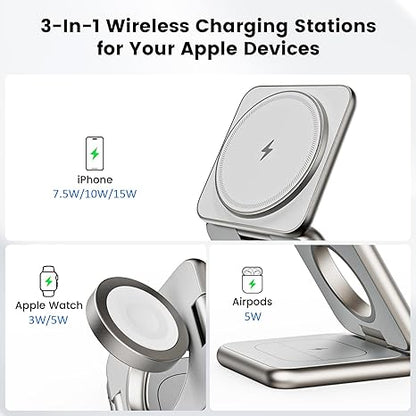 Foldable Magnetic Wireless Charger, 3 in 1 Charging Station for Apple, Fast Mag-Safe Charger Stand for iPhone 16 15 14 13 12 Series, 5W for iWatch, AirPods 3/2/Pro