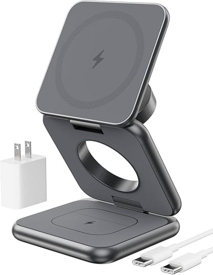 Foldable Magnetic Wireless Charger, 3 in 1 Charging Station for Apple, Fast Mag-Safe Charger Stand for iPhone 16 15 14 13 12 Series, 5W for iWatch, AirPods 3/2/Pro