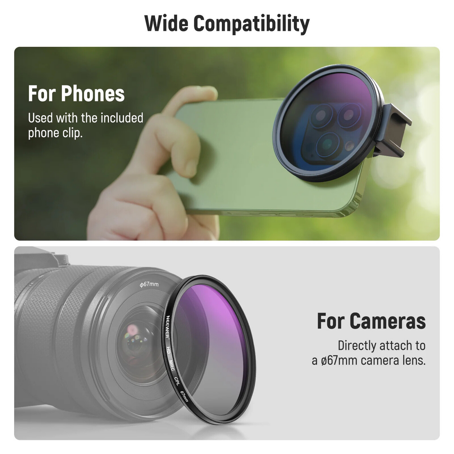 Phone camera lens FL-78 67mm HD CPL Filter & Cold Shoe Phone Clip